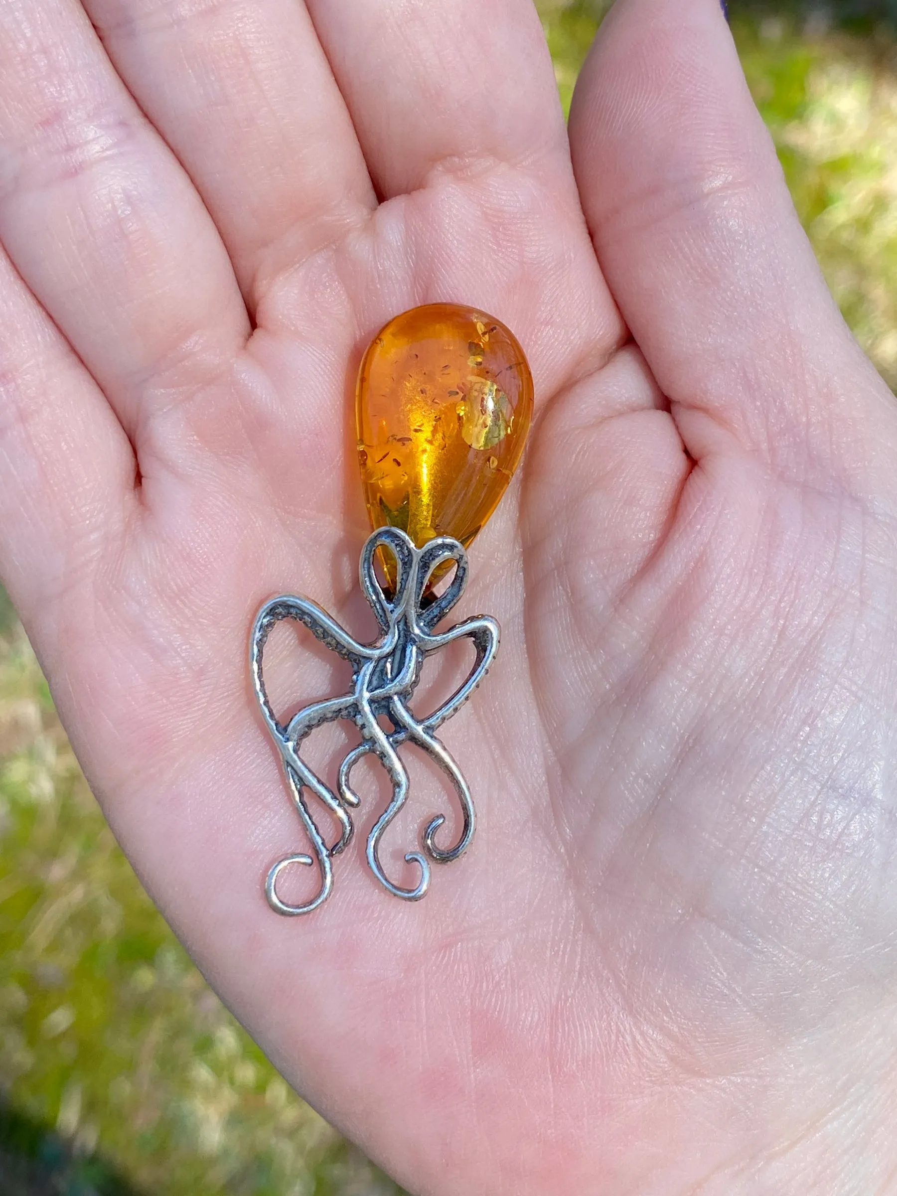 Sterling Silver Jewelry Amber Octopus Pendant