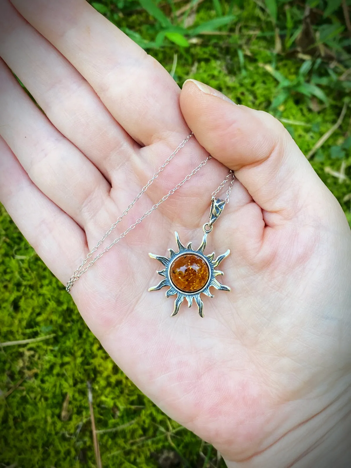 Sterling Silver Jewelry Large Amber Sun Necklace