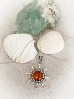Sterling Silver Jewelry Large Amber Sun Necklace