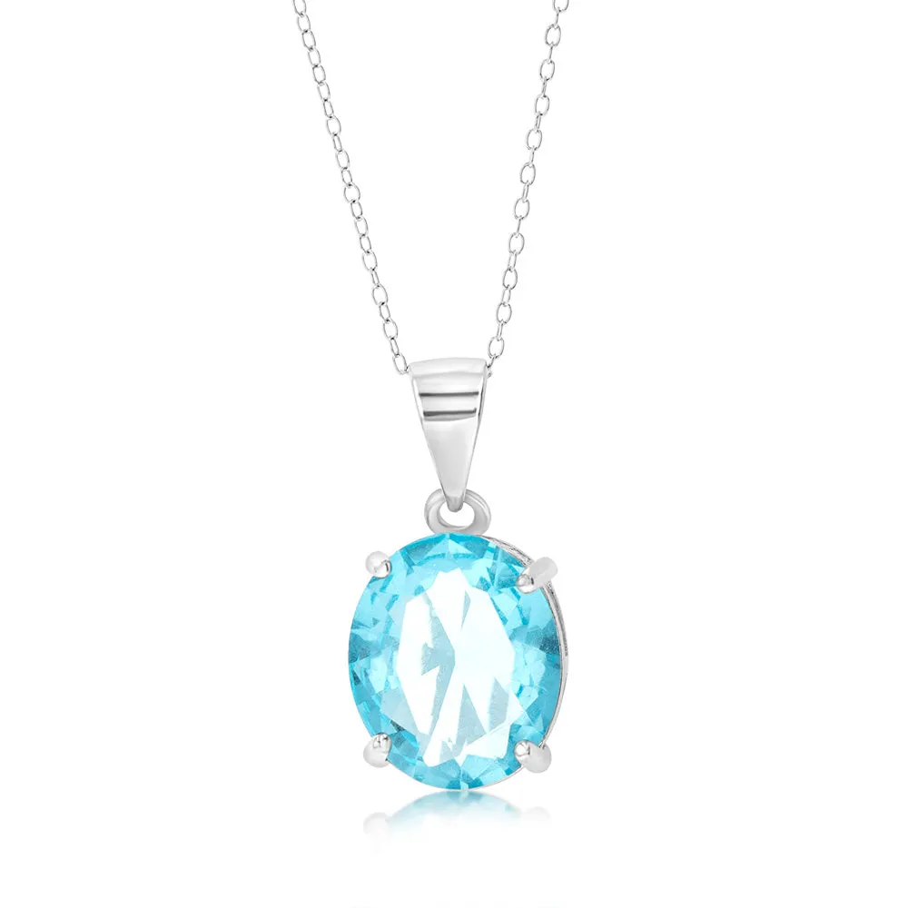 Sterling Silver Oval Created Blue Topaz Pendant On Chain Sterling Silver	Jewelry