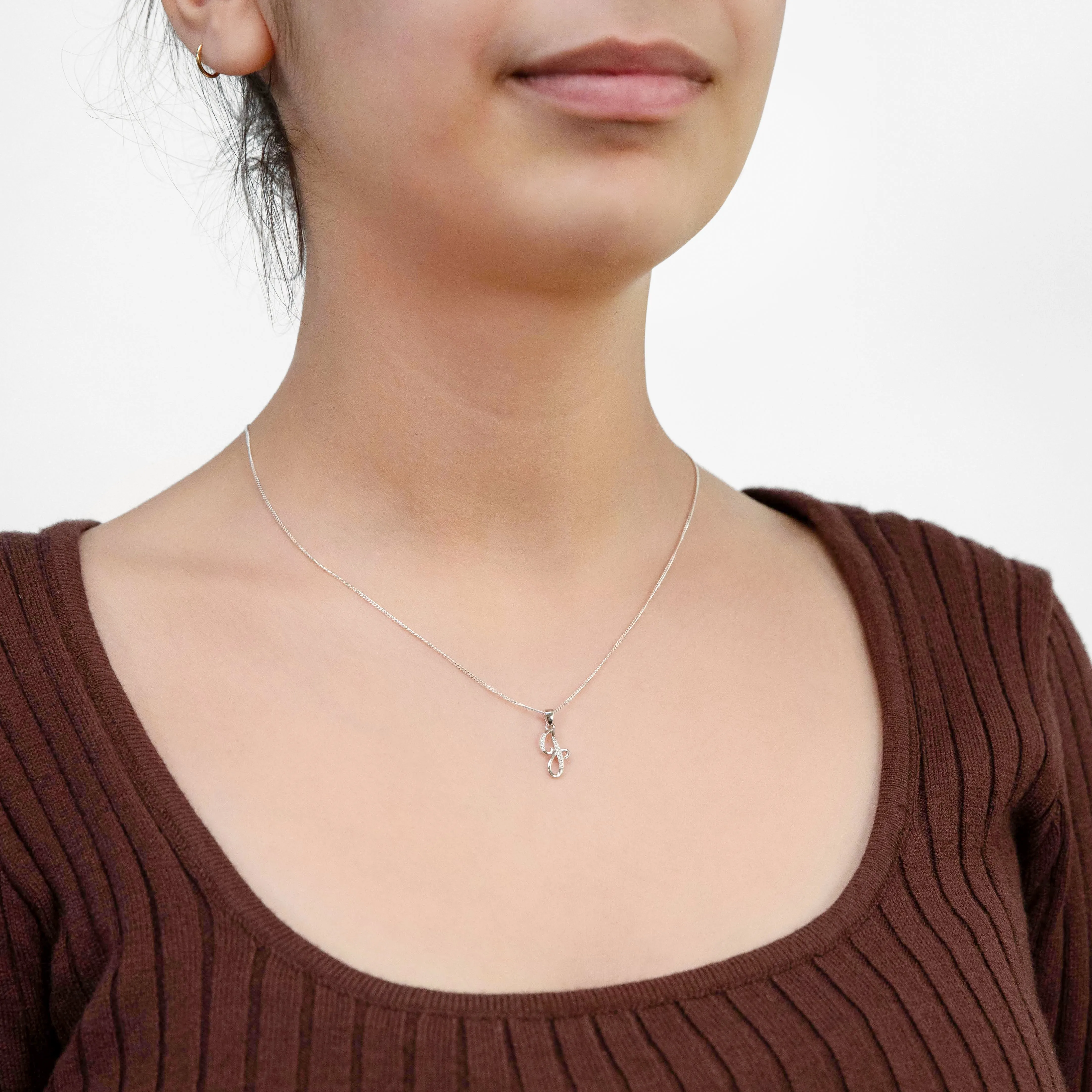 Sterling Silver Rhodium Plated Cubic Zirconia Script "J" Initial Pendant Sterling Silver	Jewelry