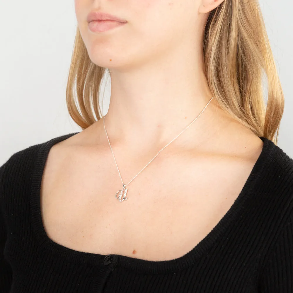 Sterling Silver Rhodium Plated Cubic Zirconia Script "U " Initial Pendant Sterling Silver	Jewelry