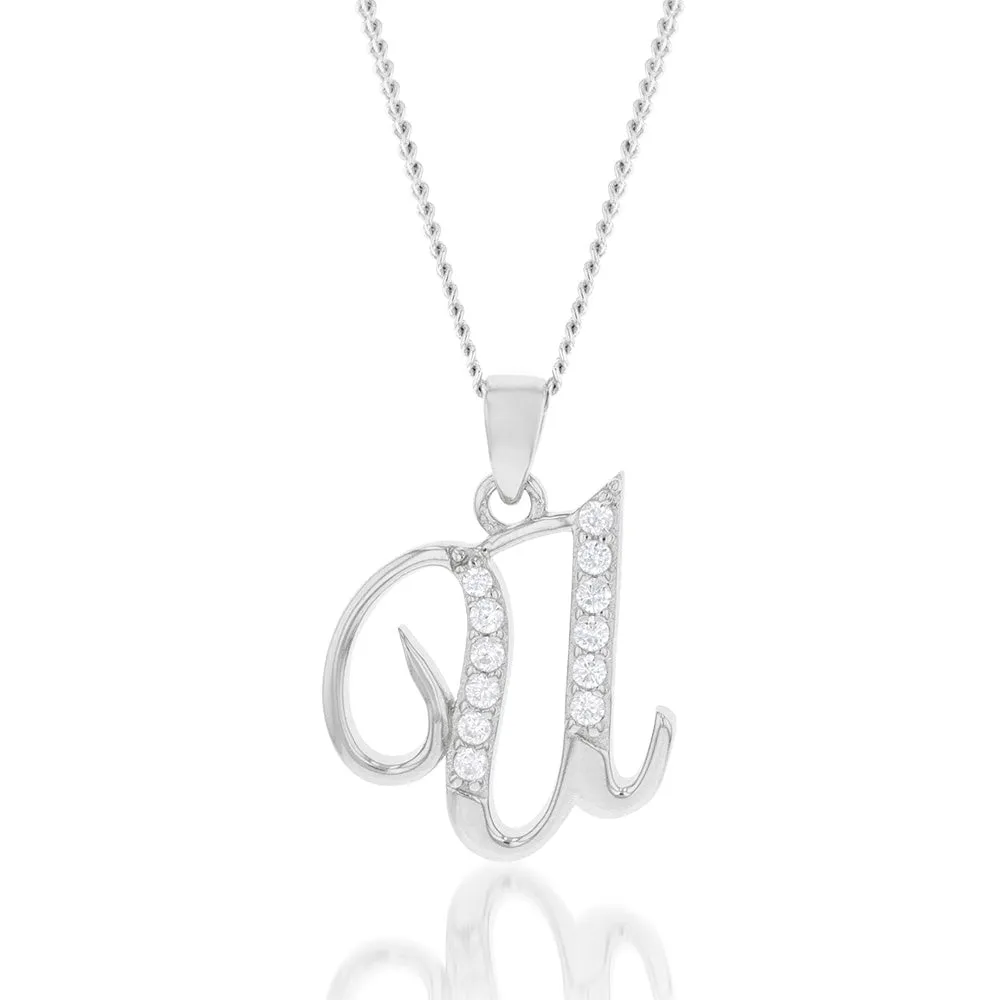 Sterling Silver Rhodium Plated Cubic Zirconia Script "U " Initial Pendant Sterling Silver	Jewelry