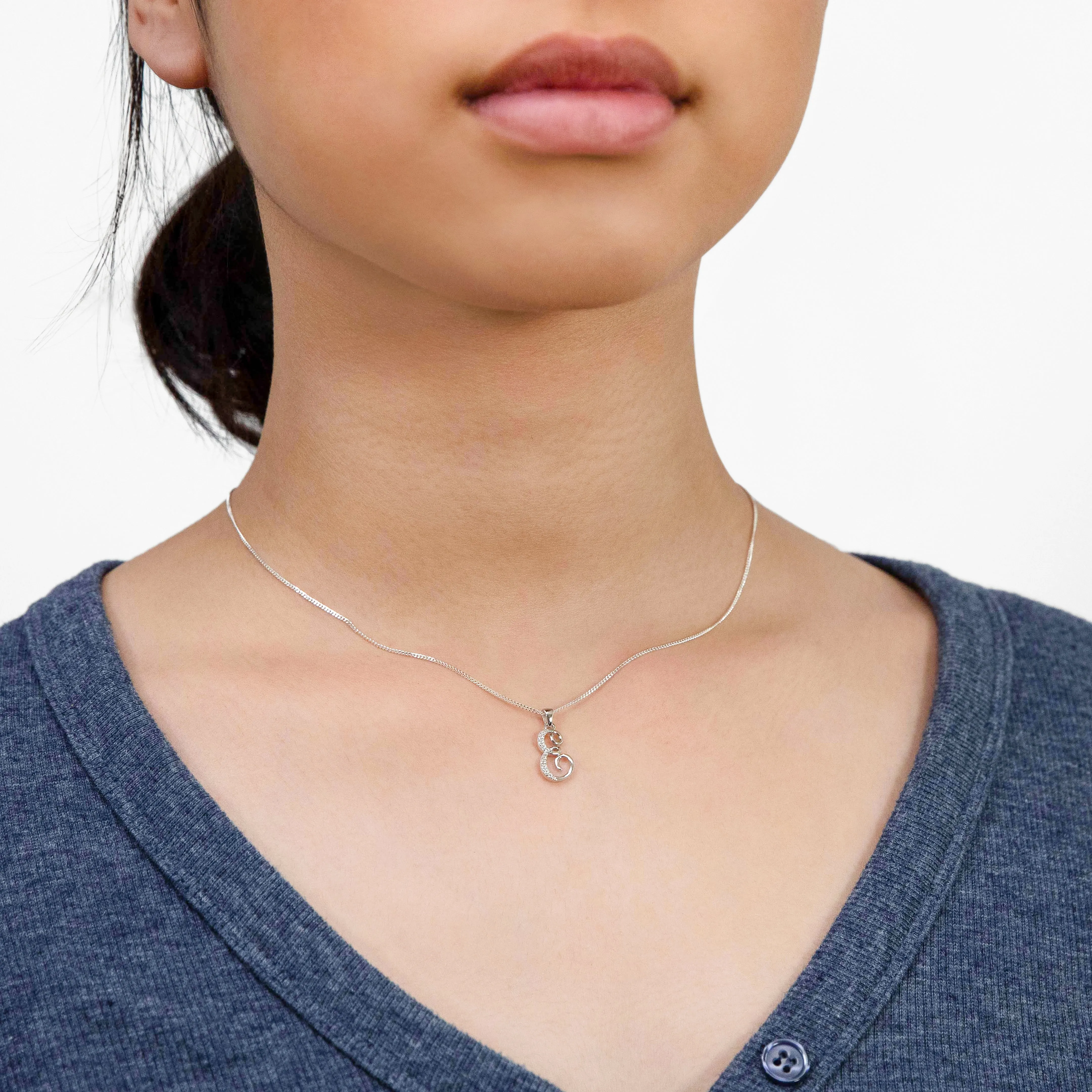 Sterling Silver Rhodium Plated Script "E" Initial Pendant Sterling Silver	Jewelry