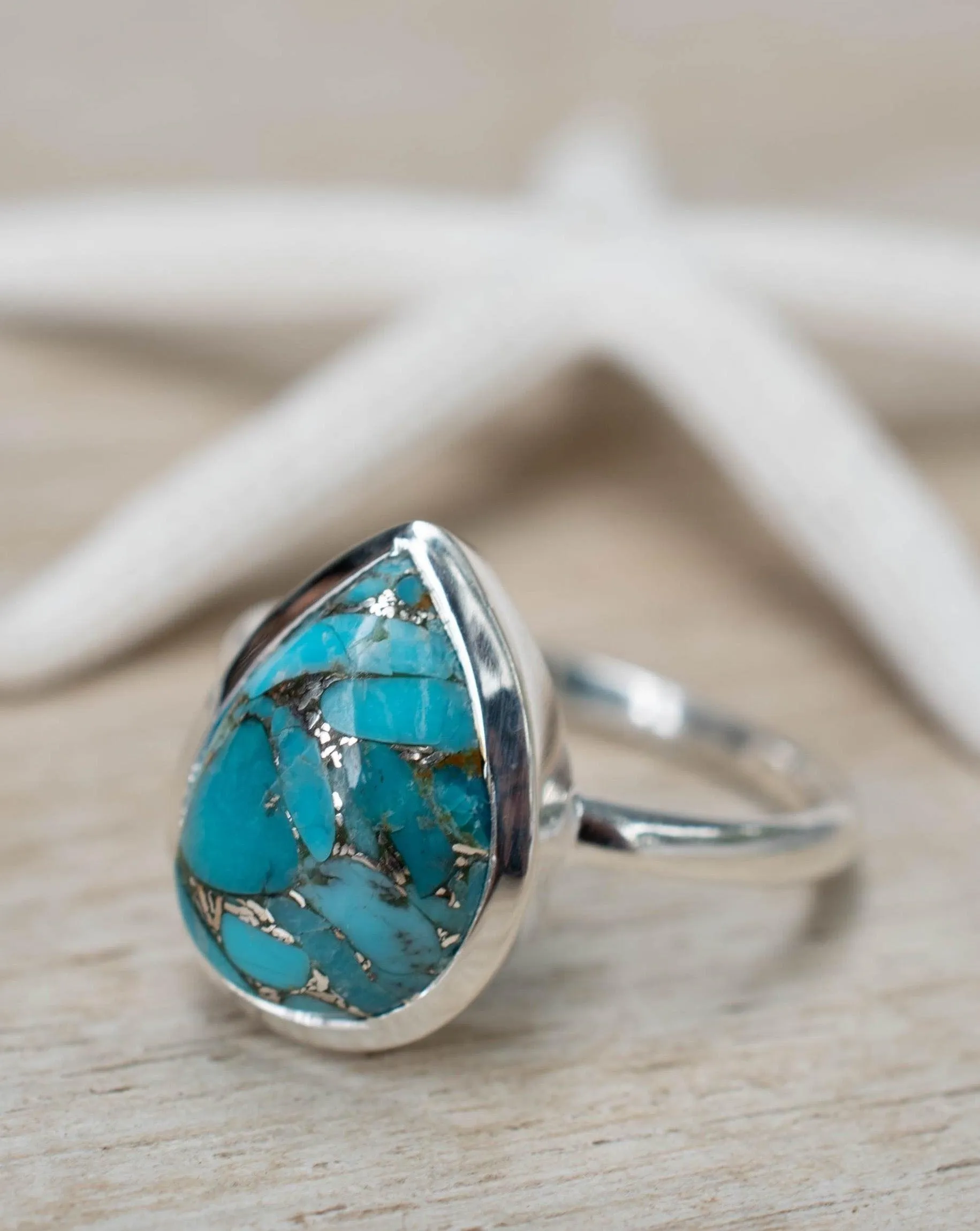 Sterling Silver Rings Copper Turquoise Tear Drop Ring ~ Sterling Silver 925 ~ MR224