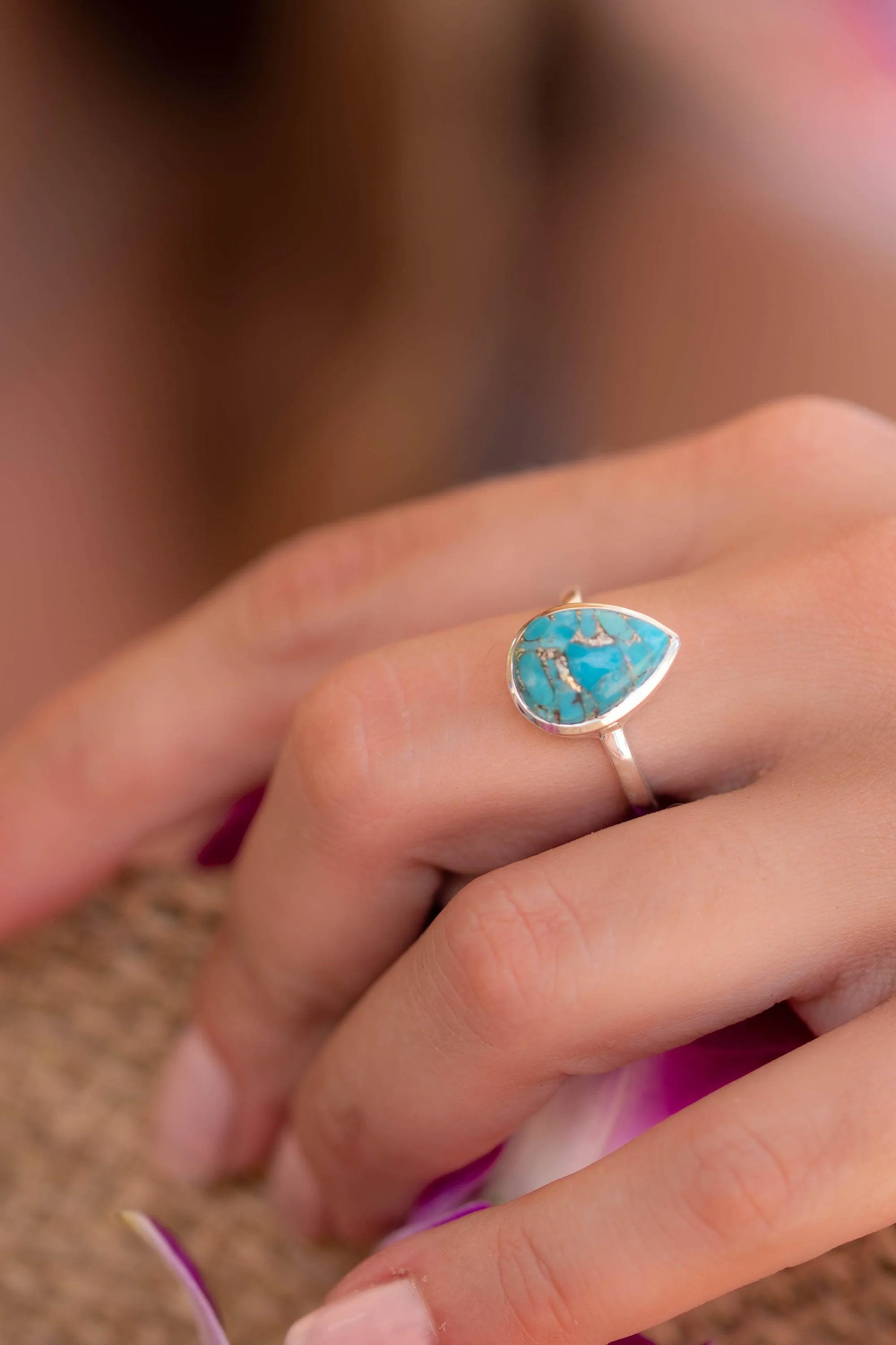 Sterling Silver Rings Copper Turquoise Tear Drop Ring ~ Sterling Silver 925 ~ MR224