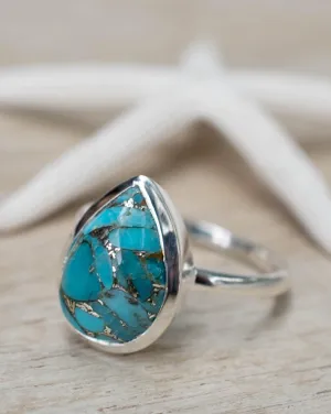 Sterling Silver Rings Copper Turquoise Tear Drop Ring ~ Sterling Silver 925 ~ MR224