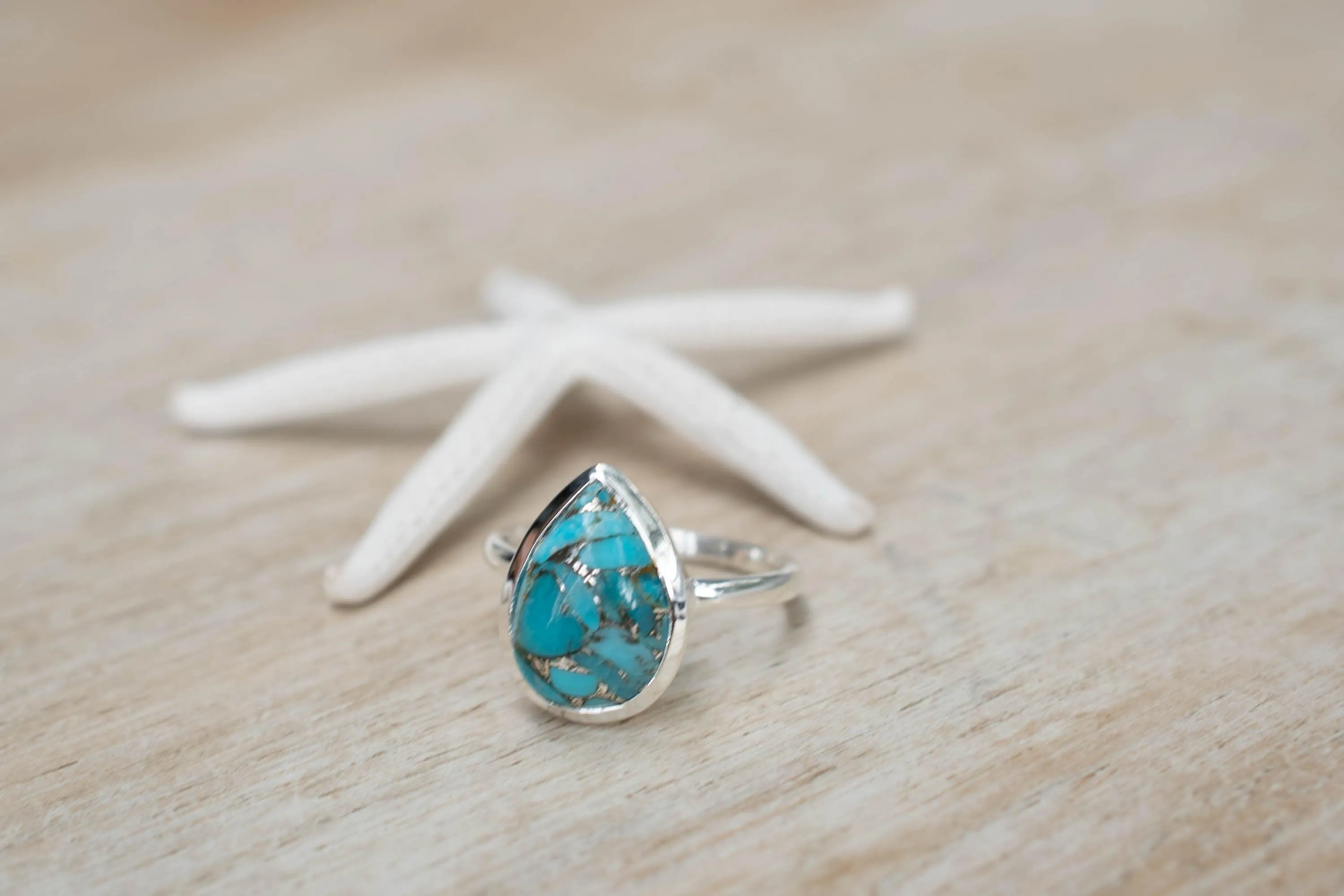 Sterling Silver Rings Copper Turquoise Tear Drop Ring ~ Sterling Silver 925 ~ MR224