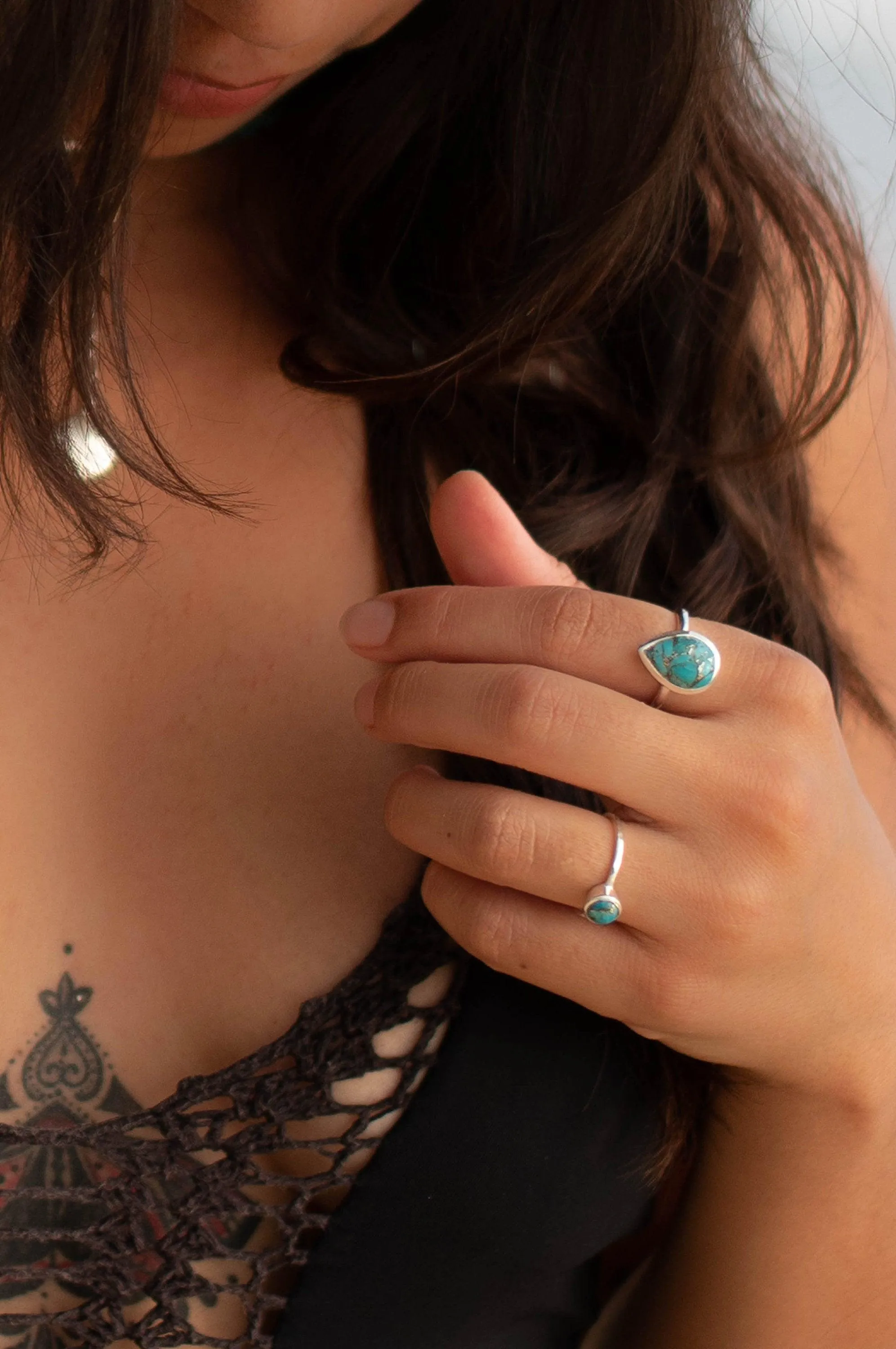 Sterling Silver Rings Copper Turquoise Tear Drop Ring ~ Sterling Silver 925 ~ MR224