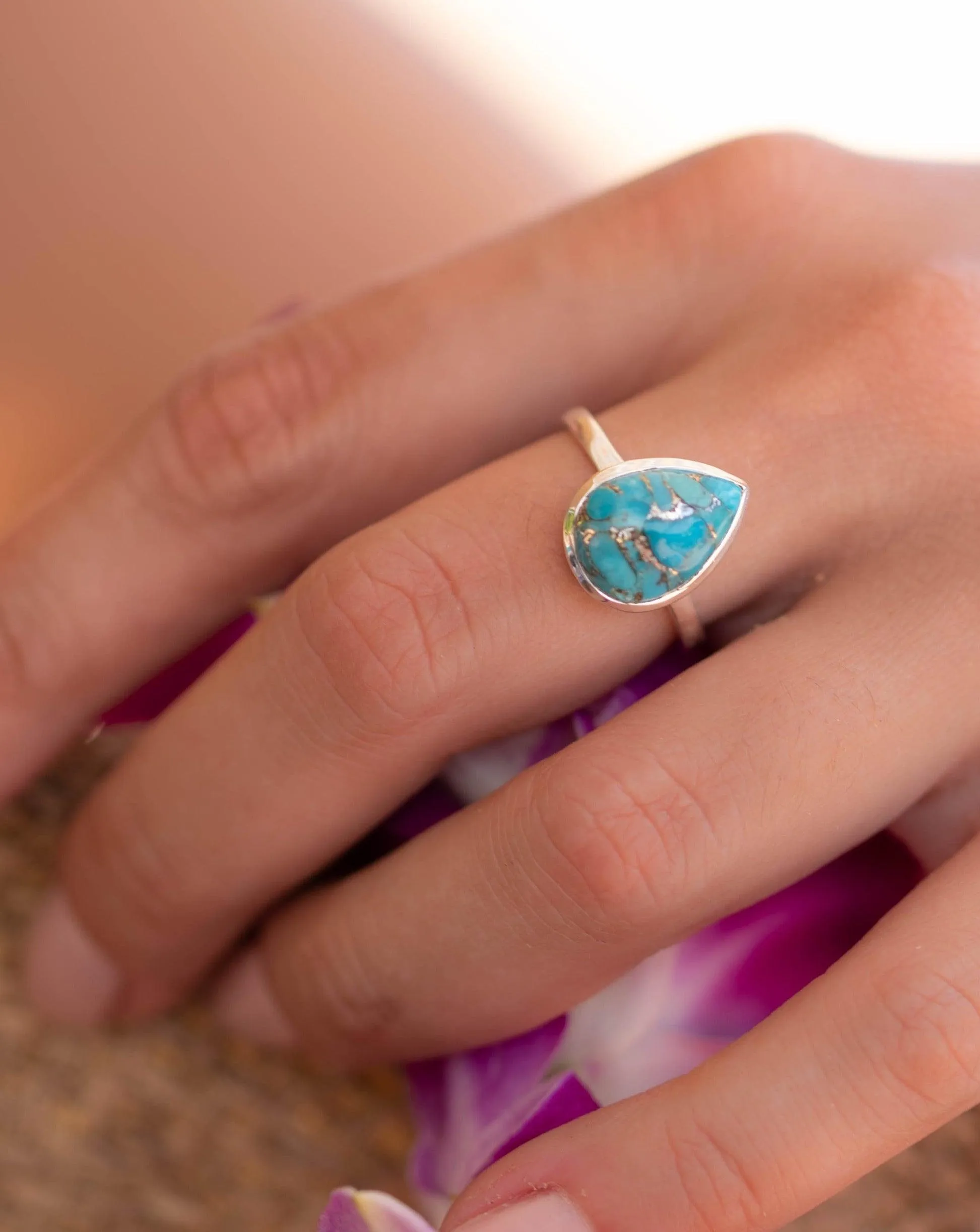 Sterling Silver Rings Copper Turquoise Tear Drop Ring ~ Sterling Silver 925 ~ MR224