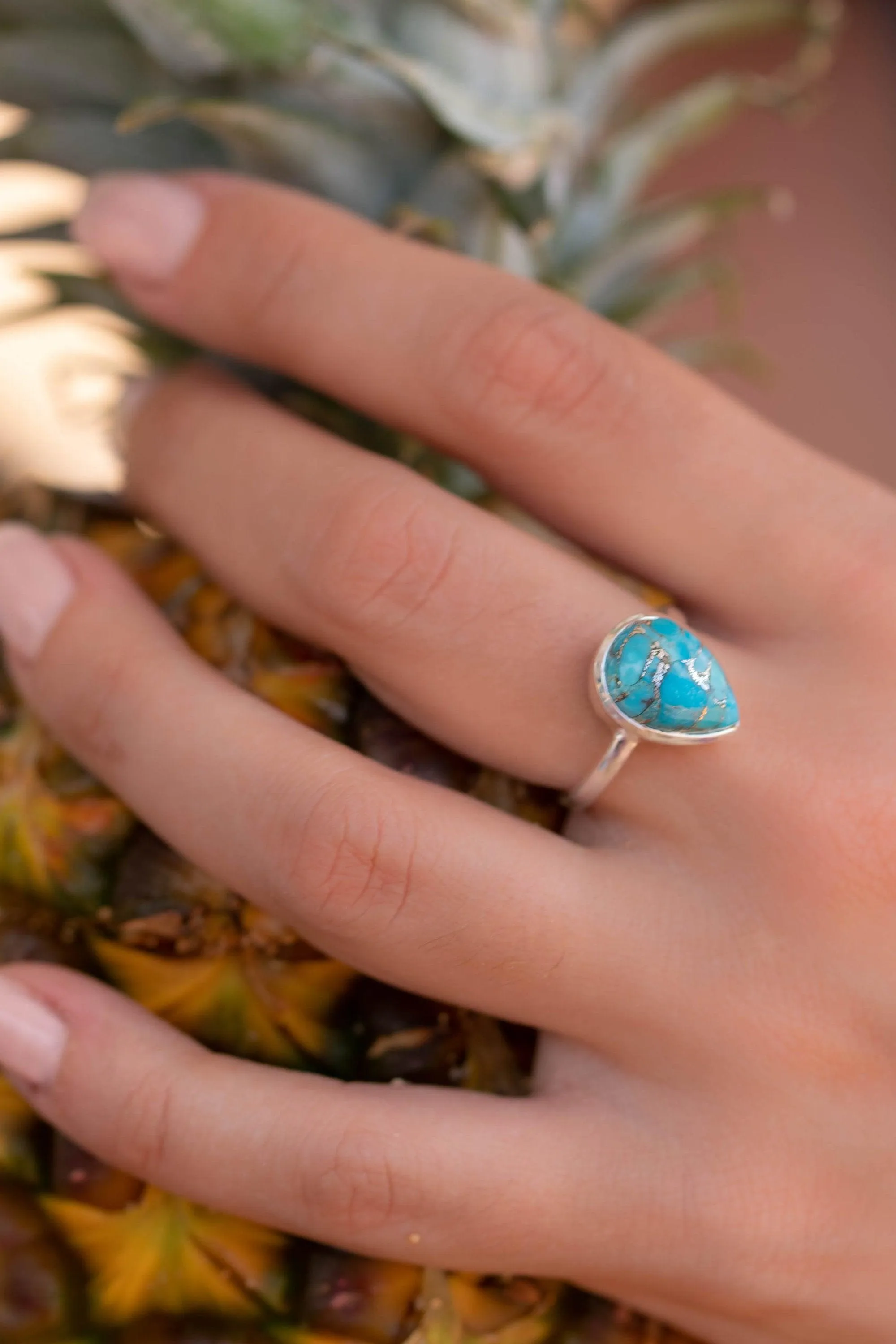 Sterling Silver Rings Copper Turquoise Tear Drop Ring ~ Sterling Silver 925 ~ MR224