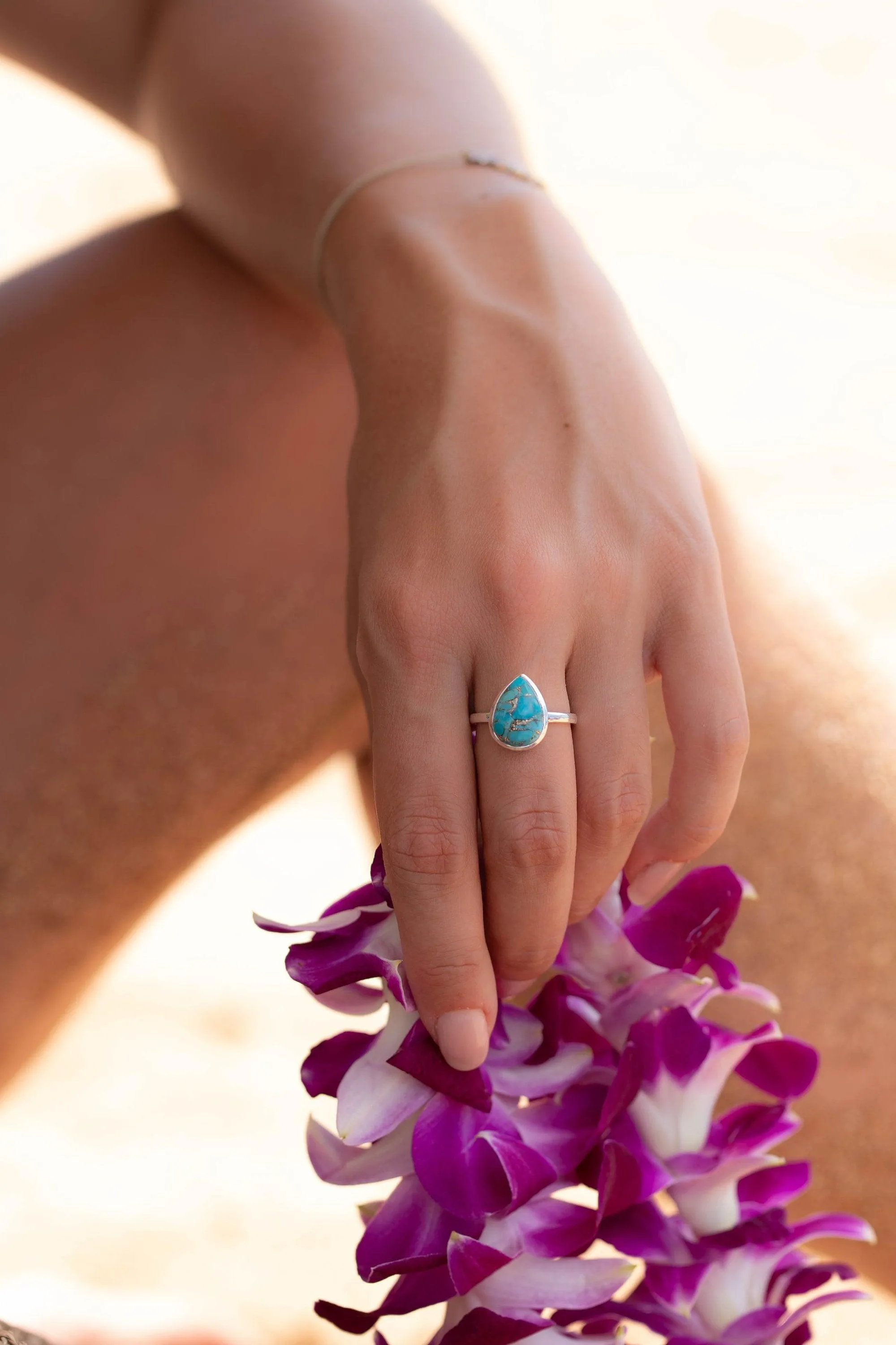 Sterling Silver Rings Copper Turquoise Tear Drop Ring ~ Sterling Silver 925 ~ MR224