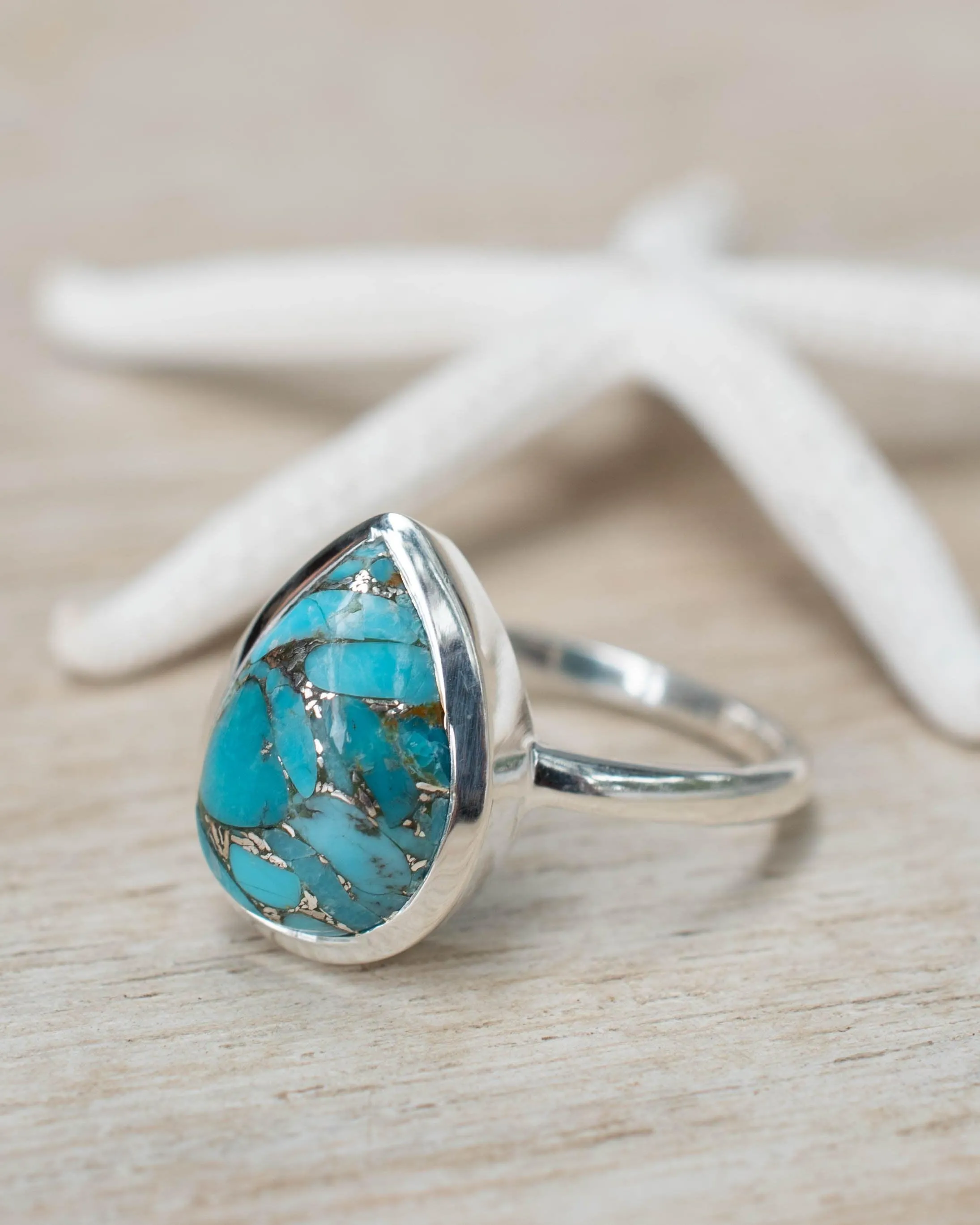 Sterling Silver Rings Copper Turquoise Tear Drop Ring ~ Sterling Silver 925 ~ MR224