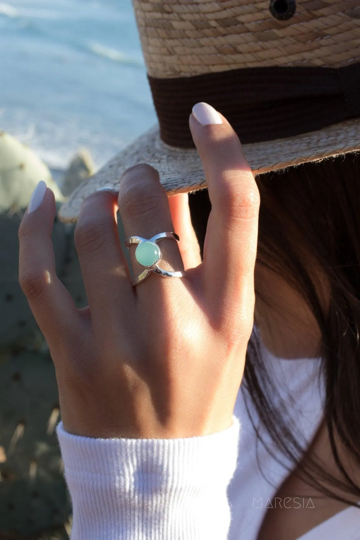 Sterling Silver Rings Honolulu Double Band Ring ~Aqua Chalcedony  ~Sterling Silver 925 ~ MR181