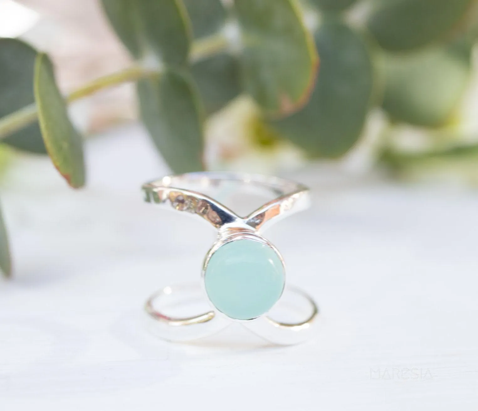 Sterling Silver Rings Honolulu Double Band Ring ~Aqua Chalcedony  ~Sterling Silver 925 ~ MR181