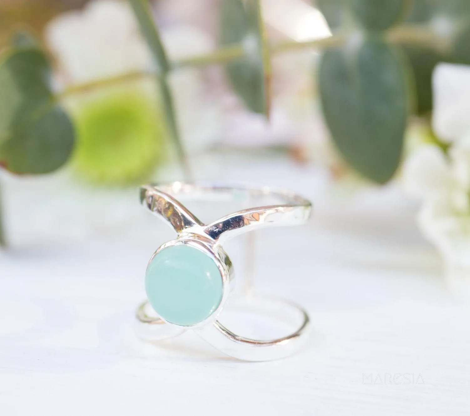 Sterling Silver Rings Honolulu Double Band Ring ~Aqua Chalcedony  ~Sterling Silver 925 ~ MR181