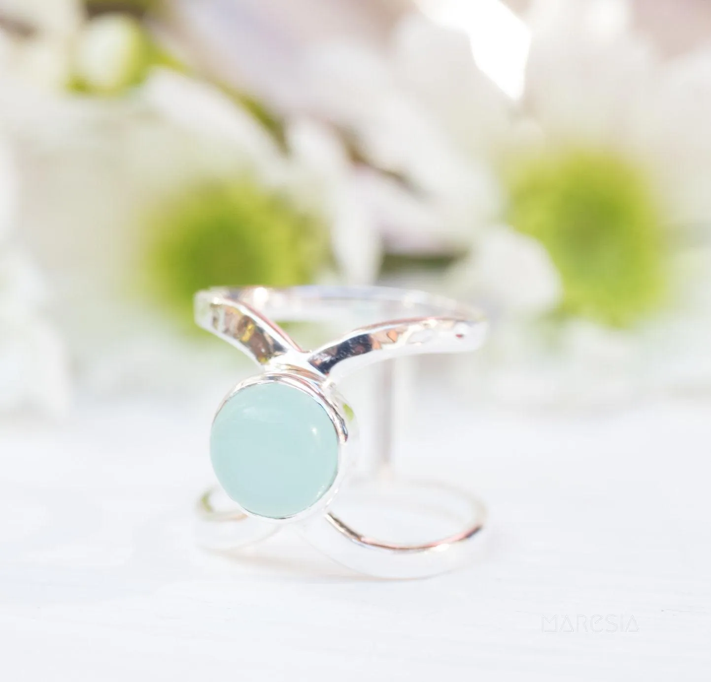 Sterling Silver Rings Honolulu Double Band Ring ~Aqua Chalcedony  ~Sterling Silver 925 ~ MR181