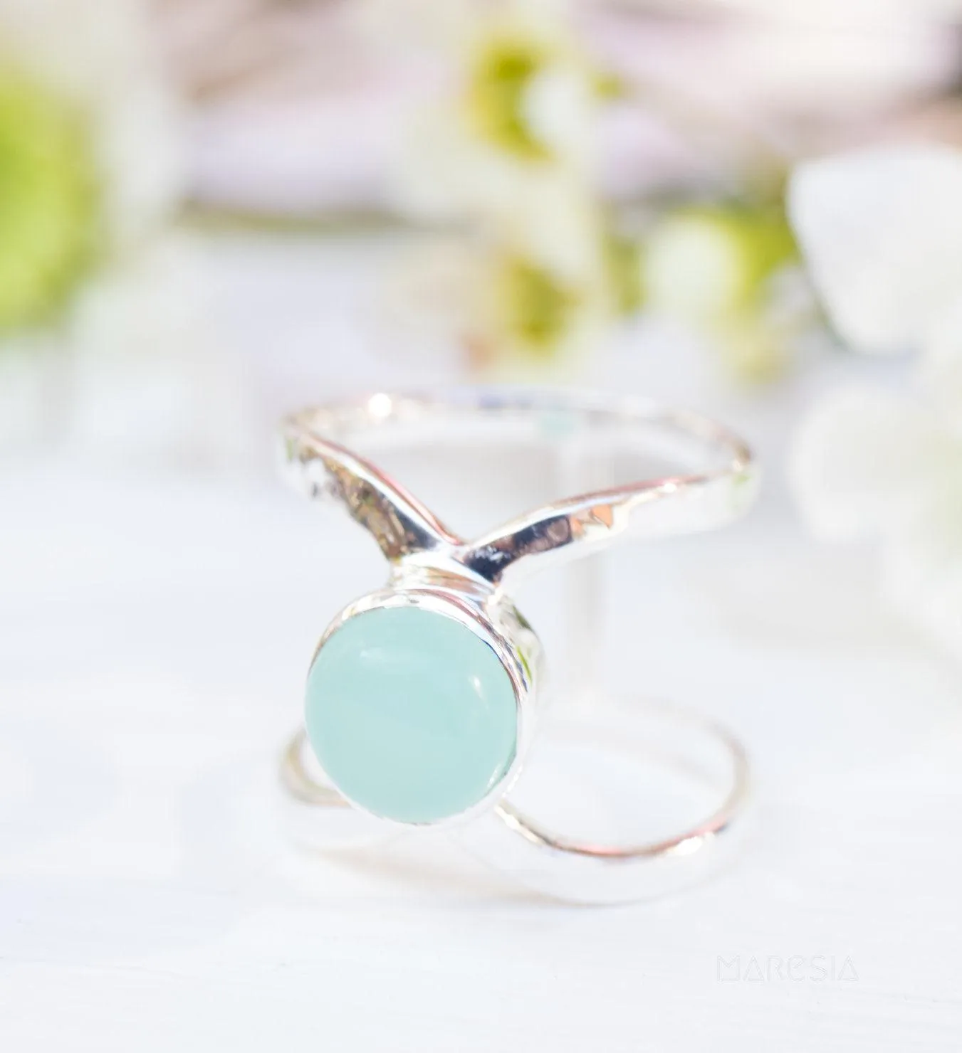 Sterling Silver Rings Honolulu Double Band Ring ~Aqua Chalcedony  ~Sterling Silver 925 ~ MR181