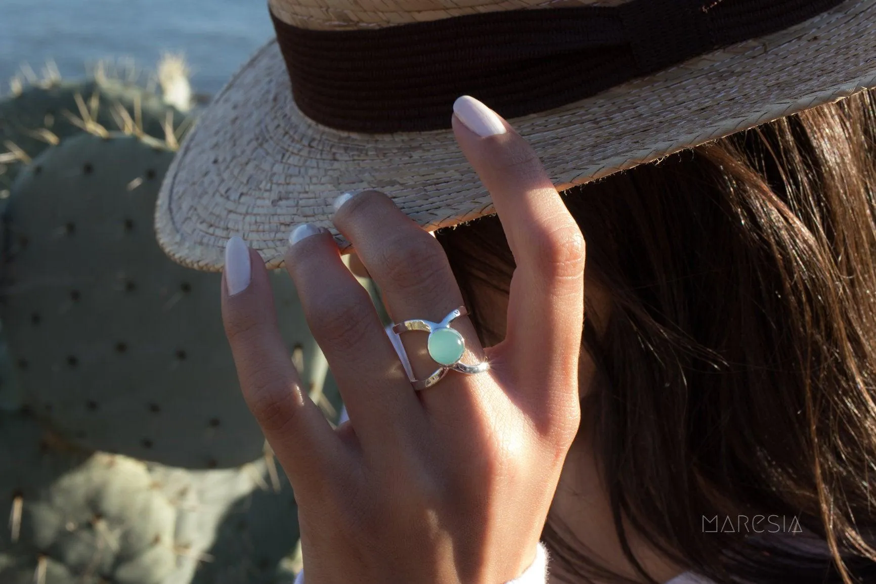 Sterling Silver Rings Honolulu Double Band Ring ~Aqua Chalcedony  ~Sterling Silver 925 ~ MR181
