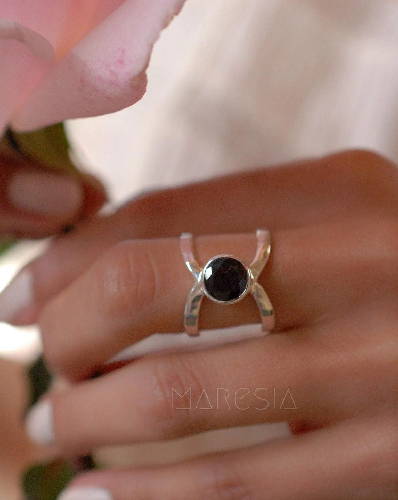 Sterling Silver Rings Honolulu Double Band Ring ~  Garnet ~ Sterling Silver 925 ~ MR006
