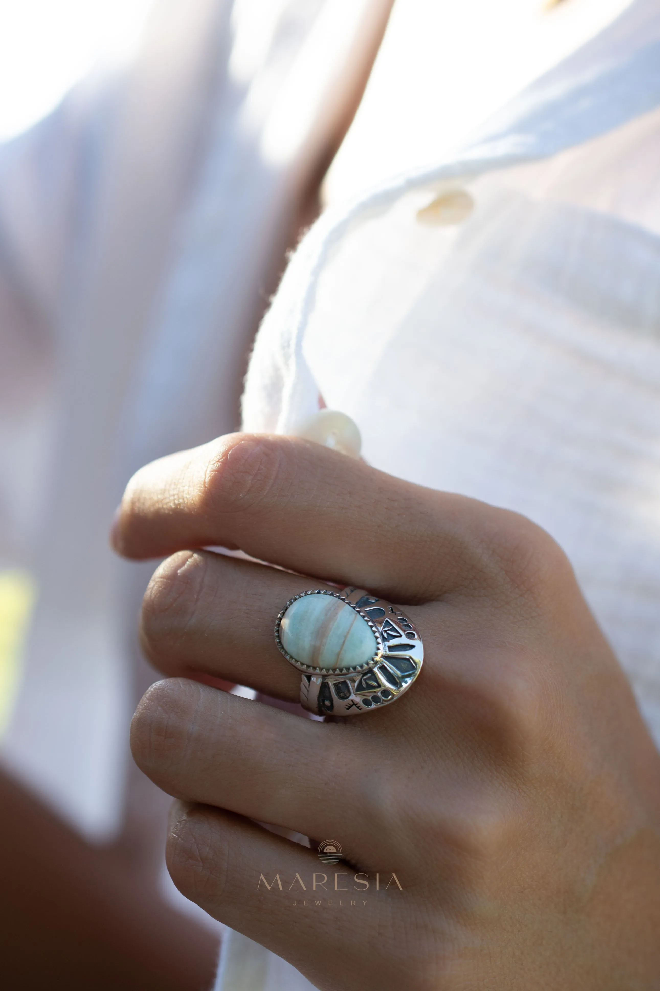 Sterling Silver Rings Jand Ring ~ Blue Aragonite ~ Sterling Silver 925 ~ SMR173