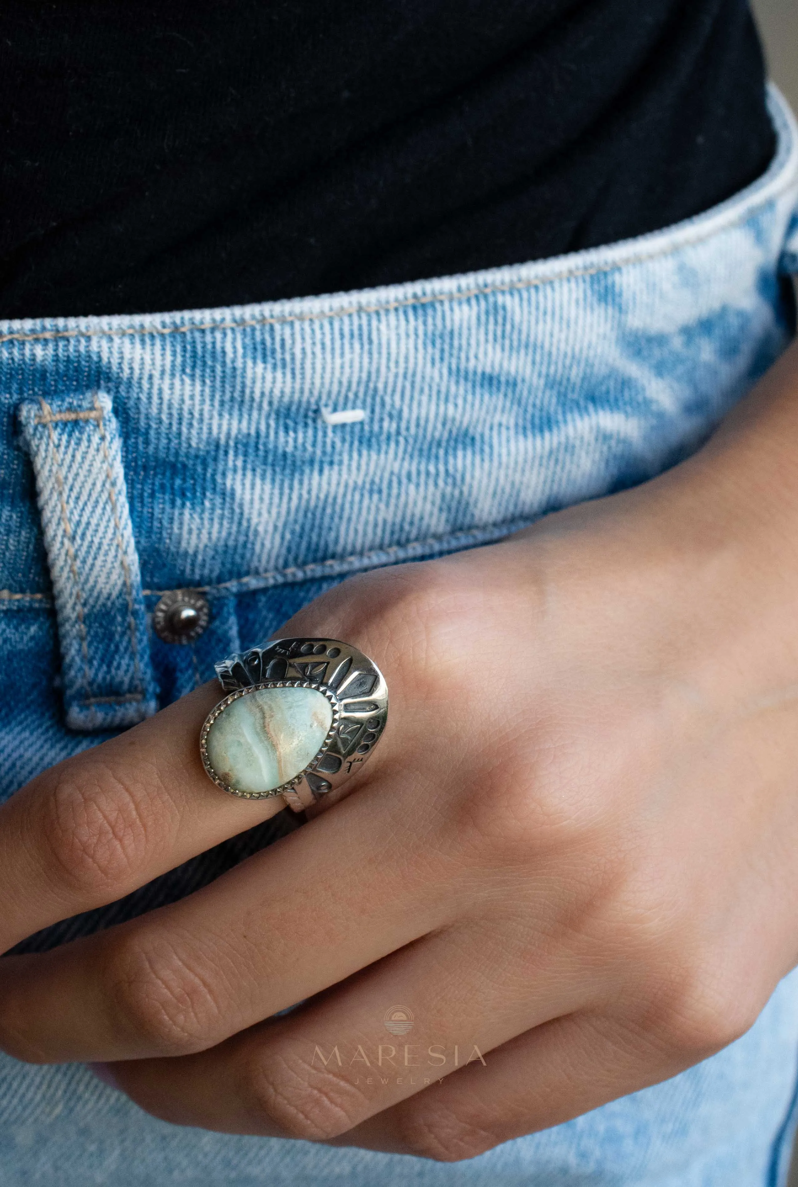 Sterling Silver Rings Jand Ring ~ Blue Aragonite ~ Sterling Silver 925 ~ SMR173