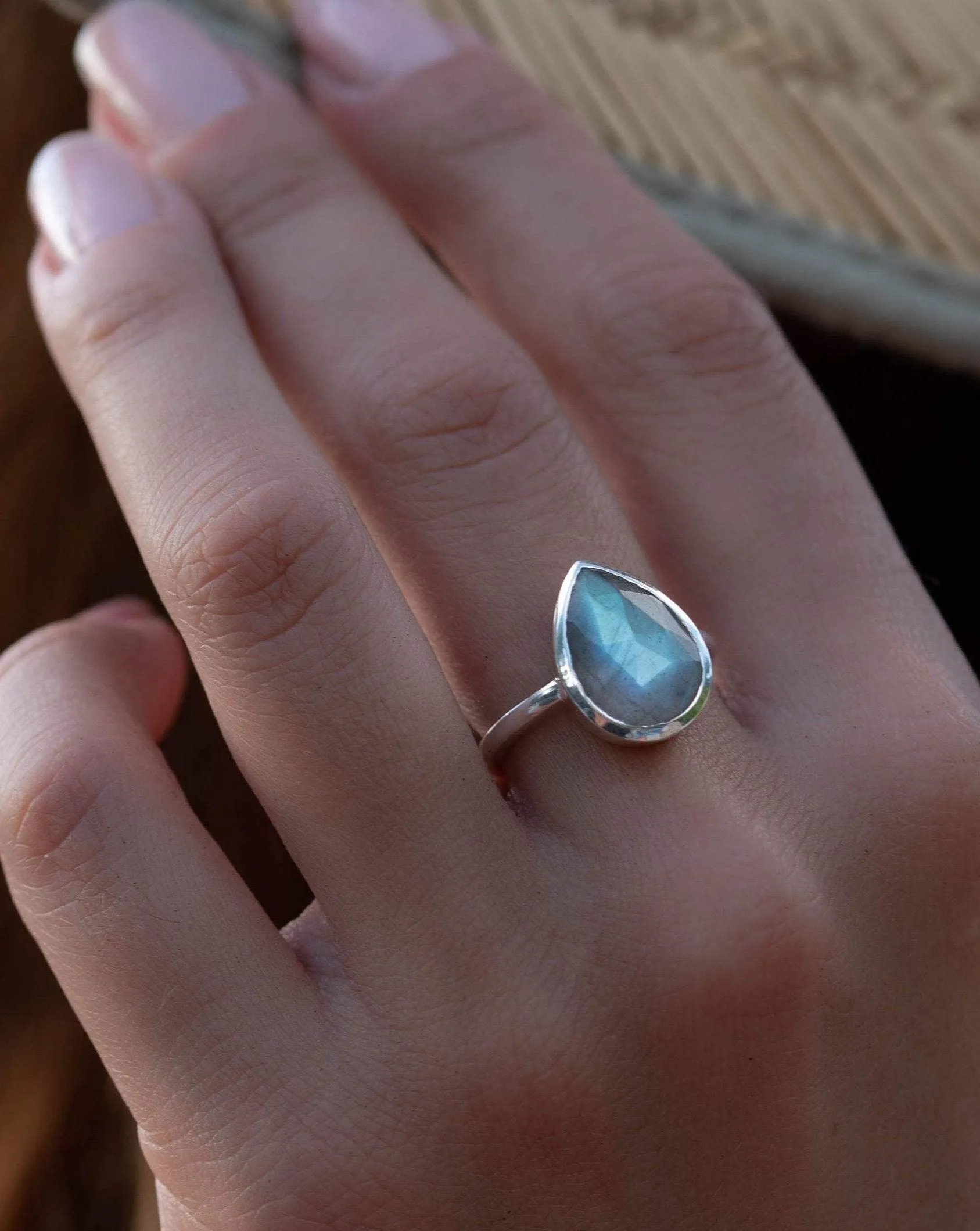 Sterling Silver Rings Rainbow Labradorite Tear Drop Ring ~ Sterling Silver 925 ~ MR225