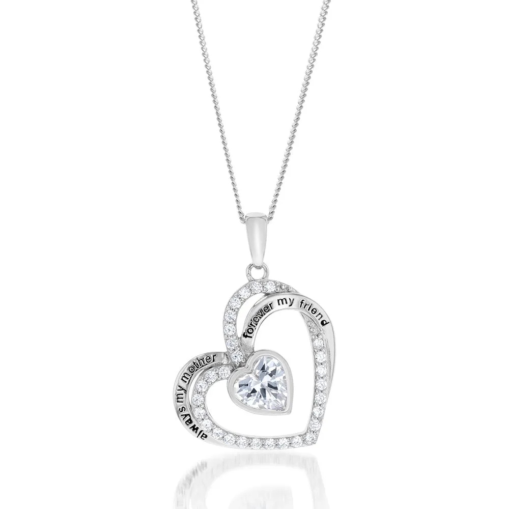 Sterling Silver White Cubic Zirconia And Inscription On Double Heart Pendant Sterling Silver	Jewelry