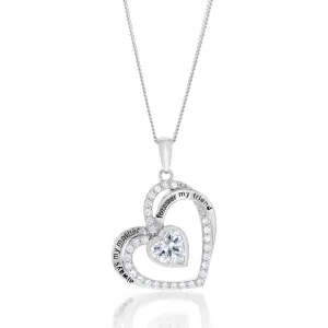 Sterling Silver White Cubic Zirconia And Inscription On Double Heart Pendant Sterling Silver	Jewelry