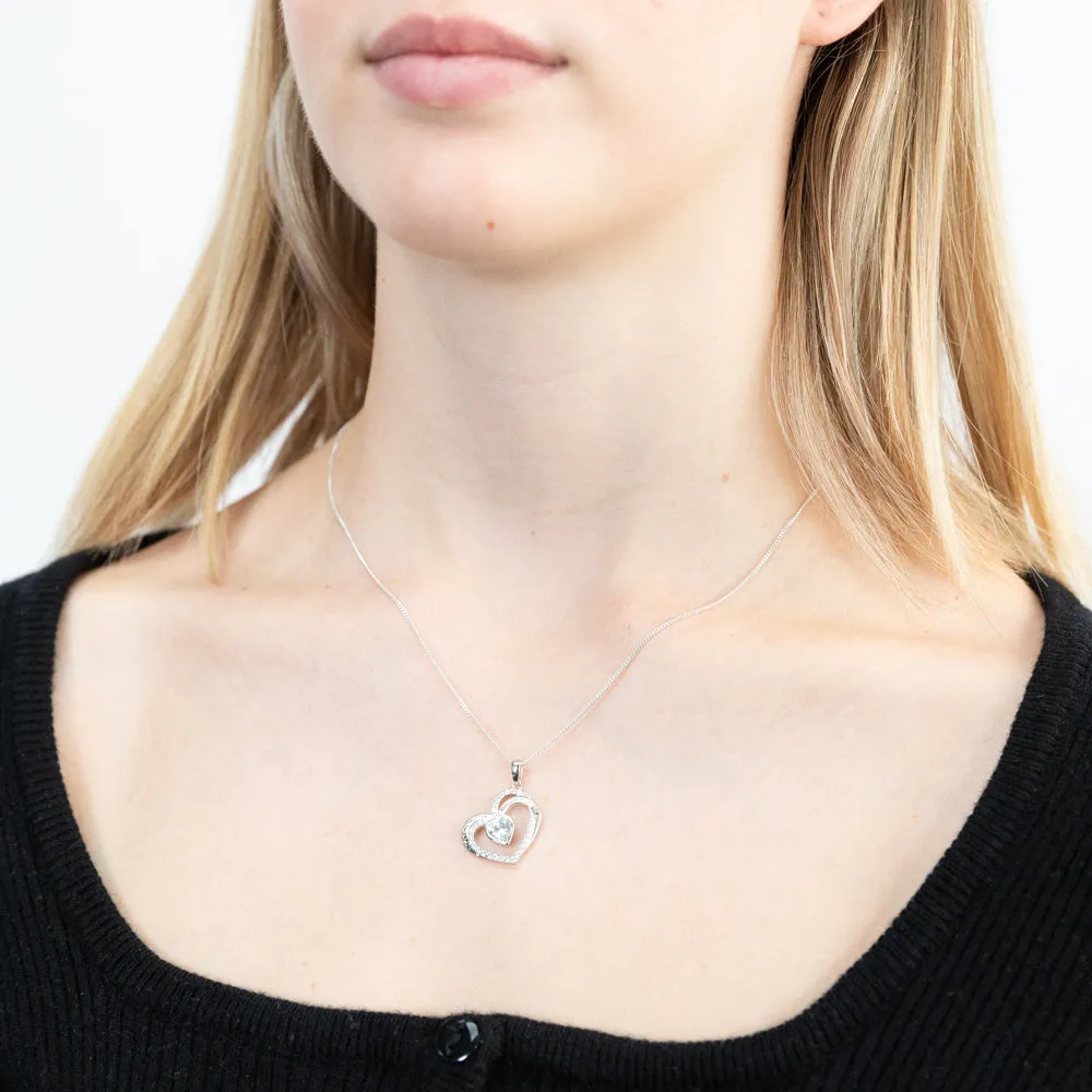 Sterling Silver White Cubic Zirconia And Inscription On Double Heart Pendant Sterling Silver	Jewelry