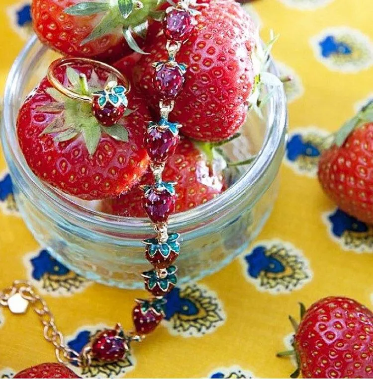 Strawberry Bracelet by Bill Skinner Red Enamel Gold Fruits