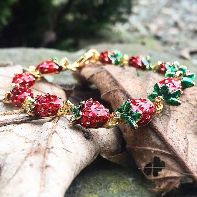 Strawberry Bracelet by Bill Skinner Red Enamel Gold Fruits