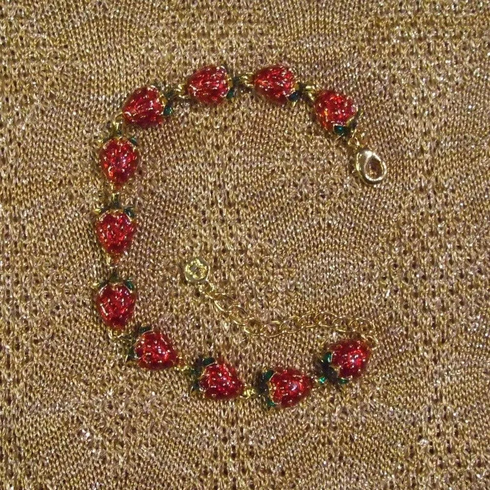 Strawberry Bracelet by Bill Skinner Red Enamel Gold Fruits