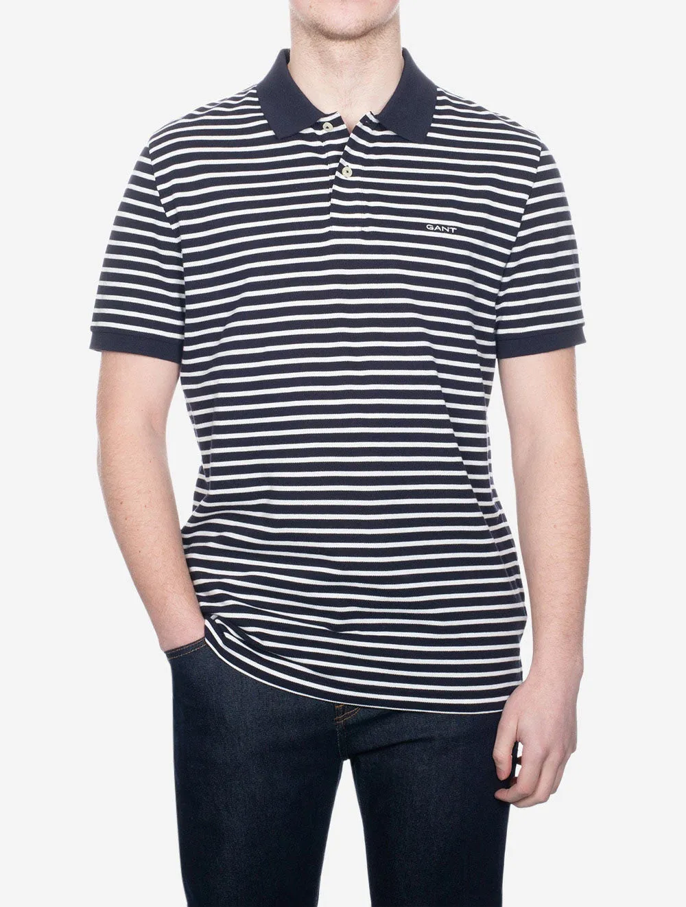 Striped Short Sleeve Pique Polo Evening Blue