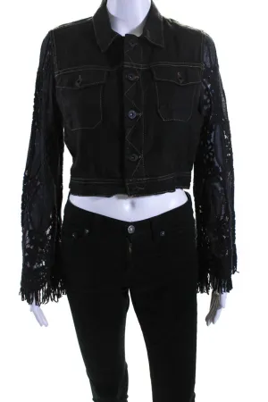 Sunday Womens Lennon Mesh Embroidered Sleeve Linen Crop Jacket Black