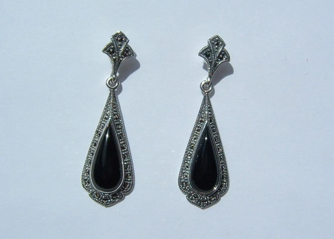 Teardrop Black Onyx Silver Marcasite Earrings
