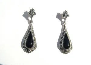 Teardrop Black Onyx Silver Marcasite Earrings