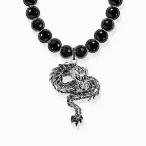 Thomas Sabo Womens Necklaces Obsidian Bead Necklace with dragon pendant blackened