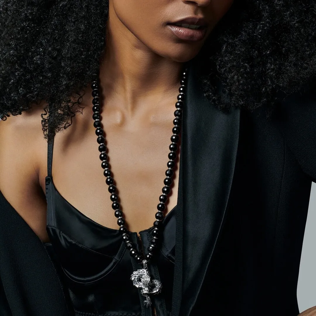 Thomas Sabo Womens Necklaces Obsidian Bead Necklace with dragon pendant blackened