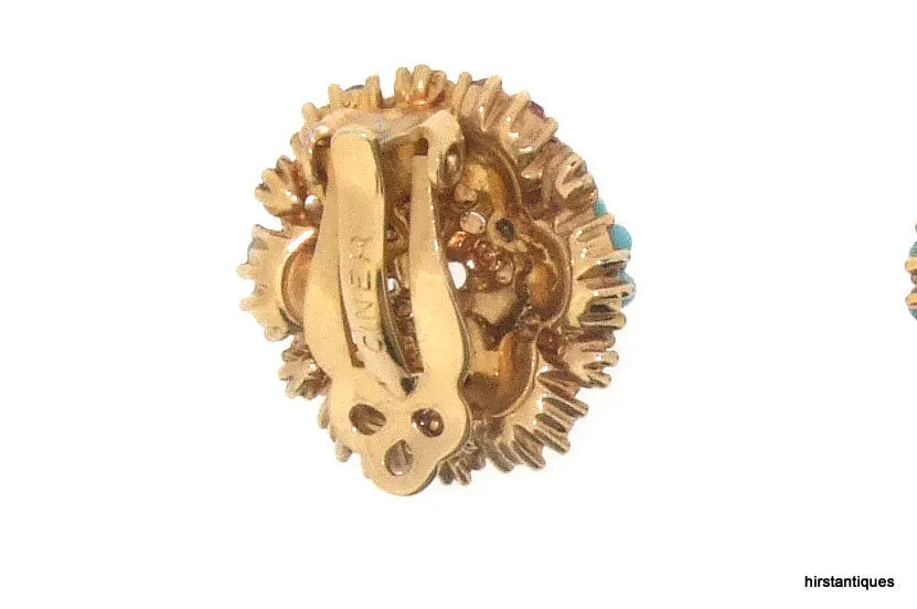 Vintage Ciner Earrings gold multi-coloured floral flowers clip-on