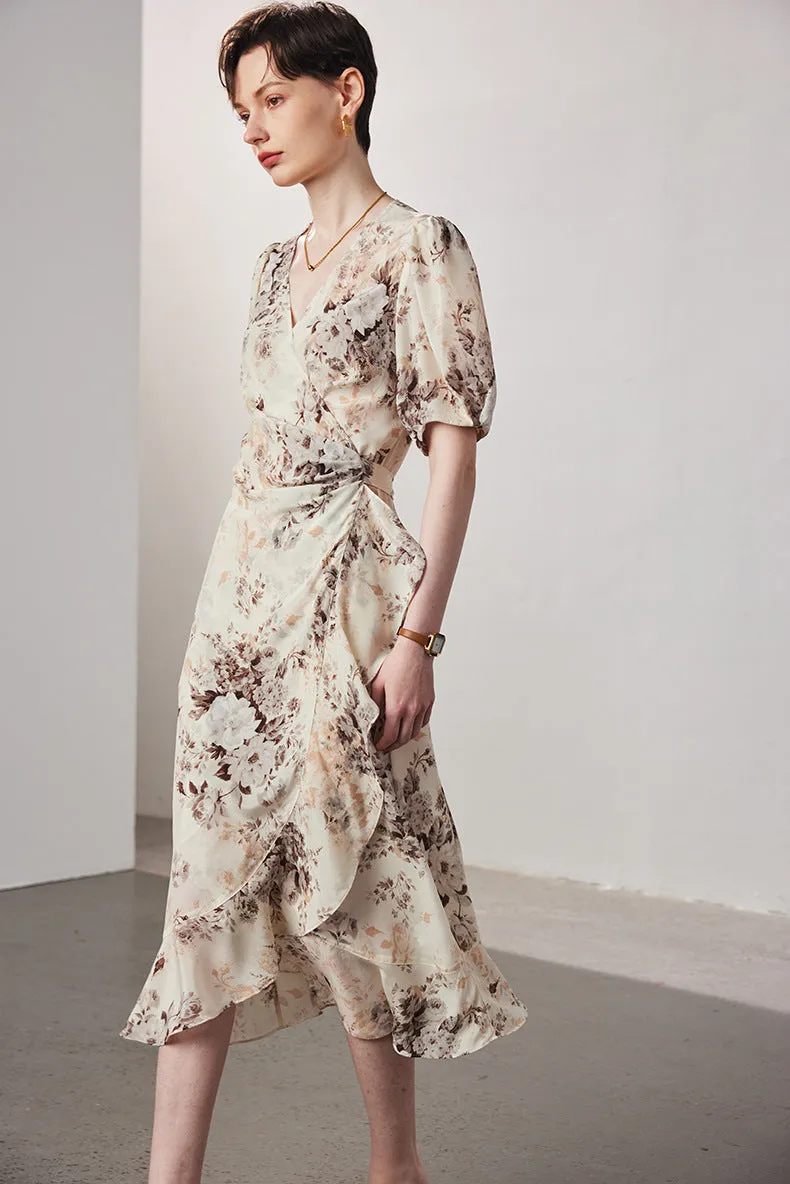 Vintage Elegant Floral Printing Pleated Silk V-Neck Dress
