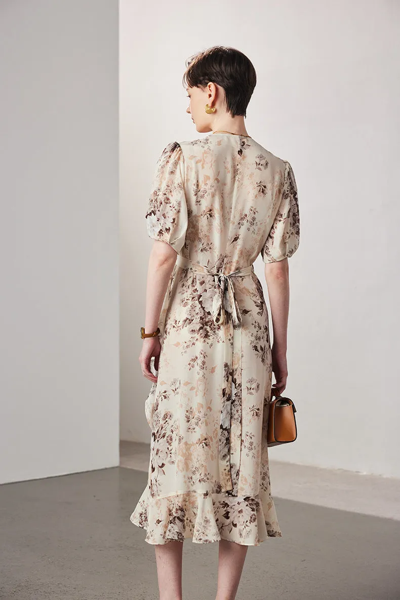 Vintage Elegant Floral Printing Pleated Silk V-Neck Dress