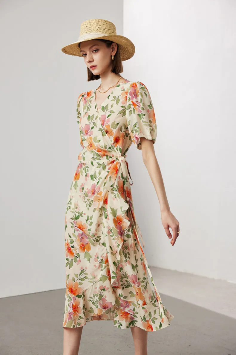 Vintage Elegant Floral Printing Pleated Silk V-Neck Dress