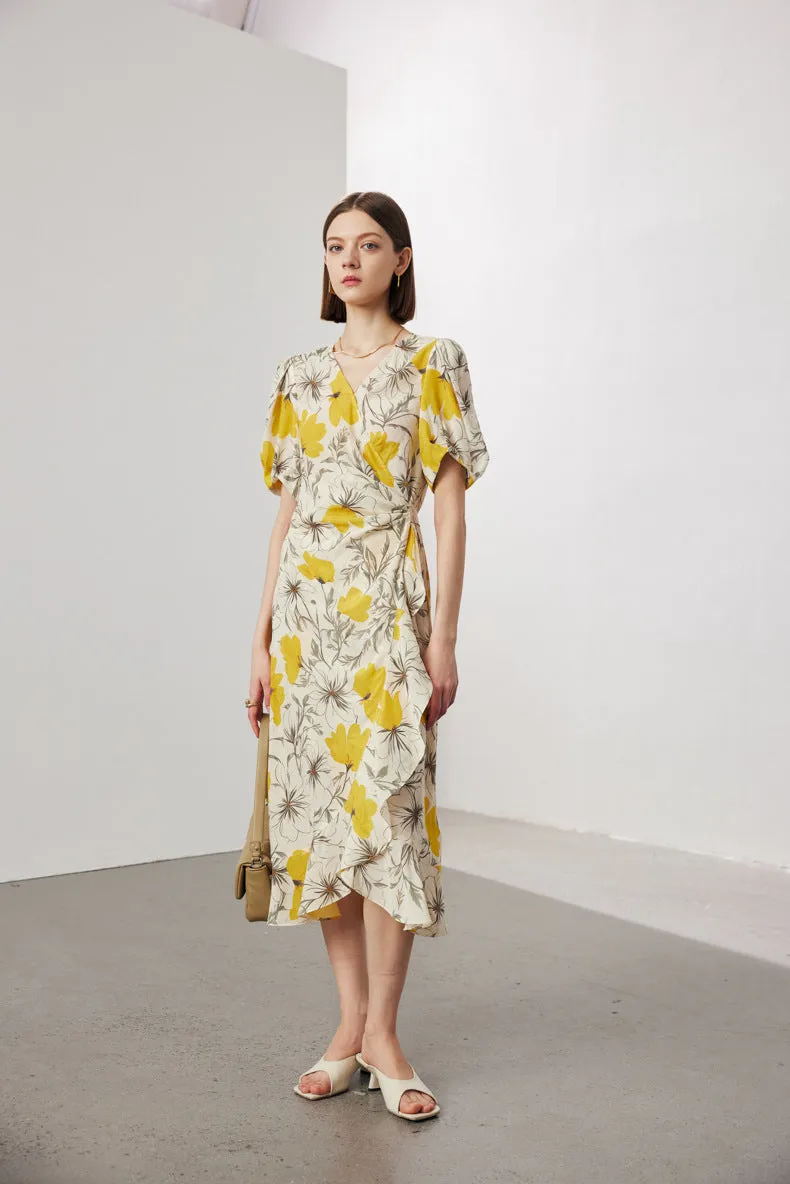 Vintage Elegant Floral Printing Pleated Silk V-Neck Dress