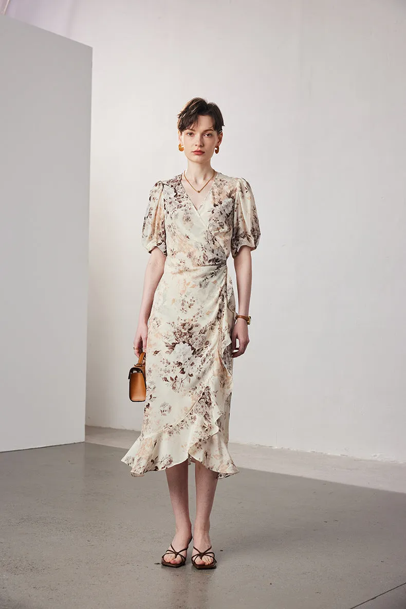Vintage Elegant Floral Printing Pleated Silk V-Neck Dress