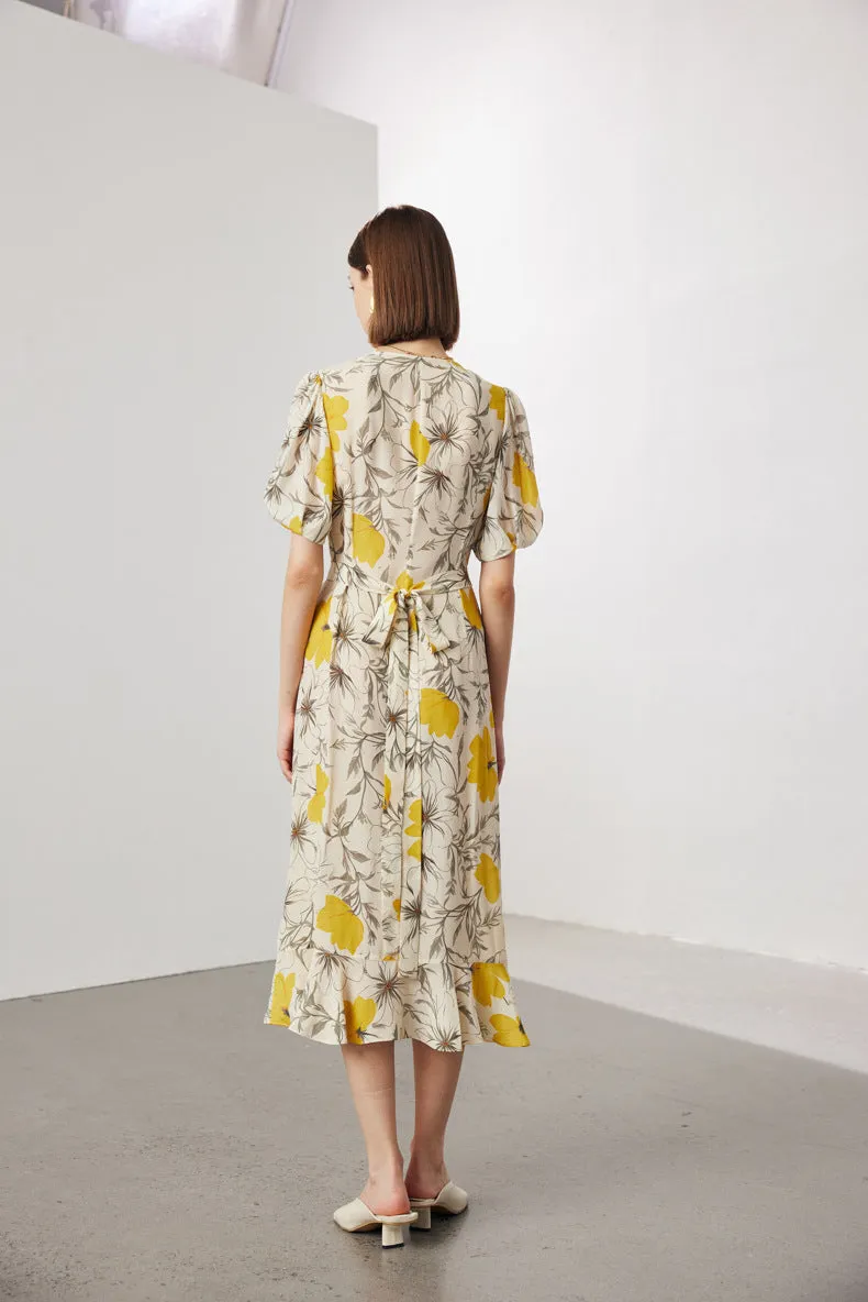Vintage Elegant Floral Printing Pleated Silk V-Neck Dress