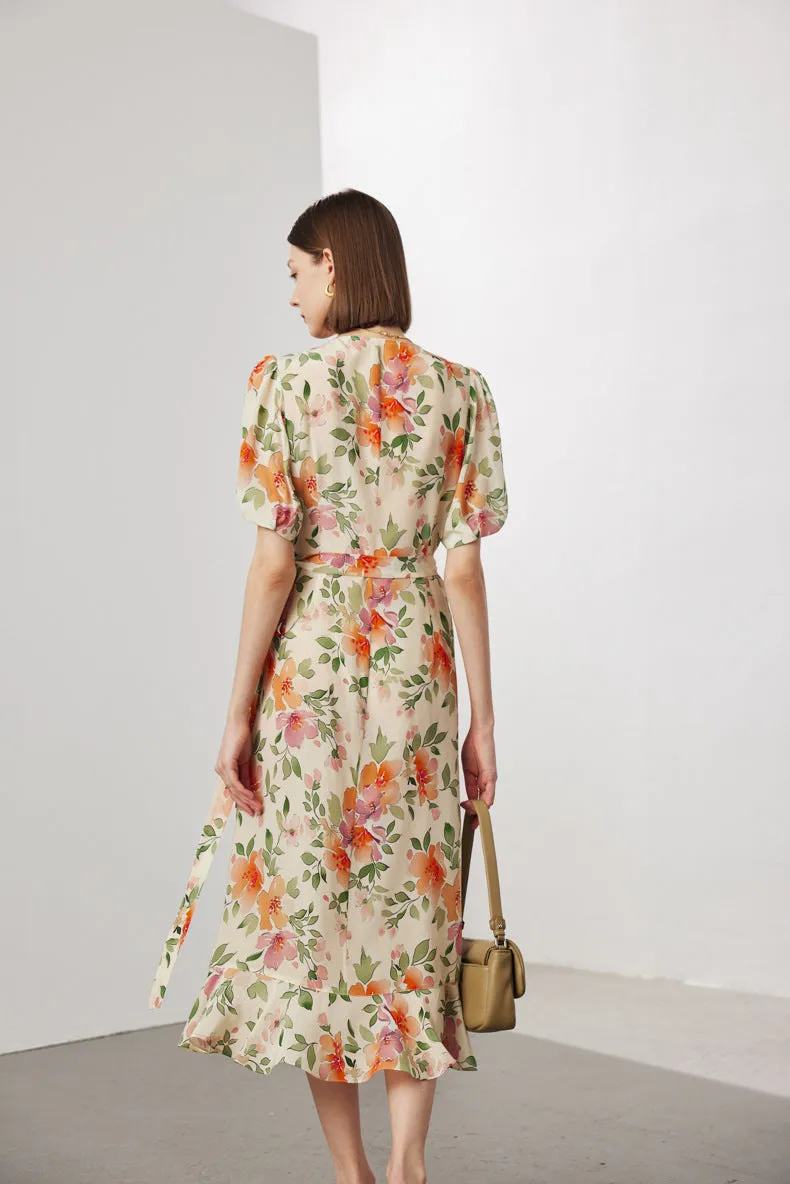 Vintage Elegant Floral Printing Pleated Silk V-Neck Dress