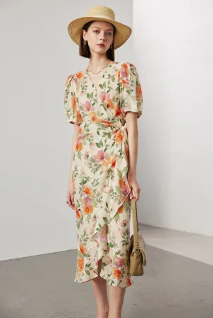 Vintage Elegant Floral Printing Pleated Silk V-Neck Dress