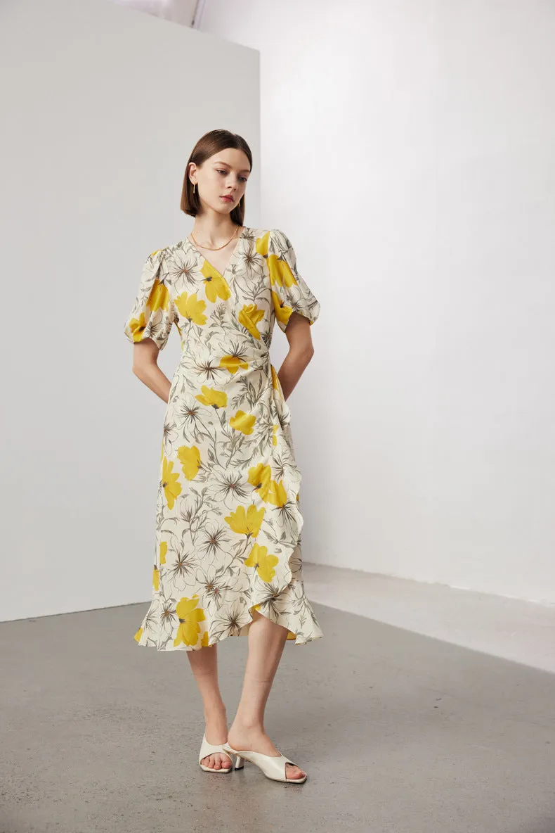 Vintage Elegant Floral Printing Pleated Silk V-Neck Dress