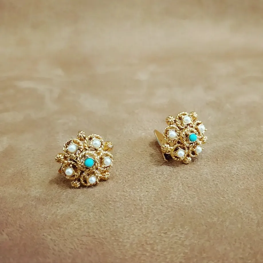 Vintage small turquoise pearl floral filigree clip on earrings 1